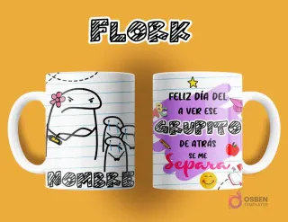 Taza de sublimación Flork para maestra. Anverso: Flork con flor regañando a dos Florks llorando, espacio para nombre. Reverso: 'FELIZ DÍA DEL A VER ESE GRUPITO DE ATRÁS SE ME SEPARA', con elementos de escuela.