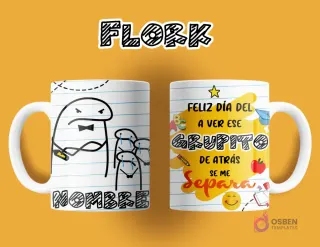Taza de sublimación Flork para maestro. Anverso: Flork con moño regañando a dos Florks llorando, espacio para nombre. Reverso: 'FELIZ DÍA DEL A VER ESE GRUPITO DE ATRÁS SE ME SEPARA', con elementos de escuela.