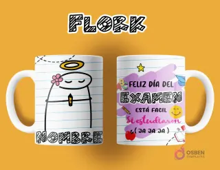 Taza de sublimación Flork para profesor. Anverso: Flork con aureola de ángel y vela, espacio para nombre. Reverso: 'FELIZ DÍA DEL EXAMEN ESTÁ FÁCIL Si estudiaron (JA JA JA)', con motivos escolares.