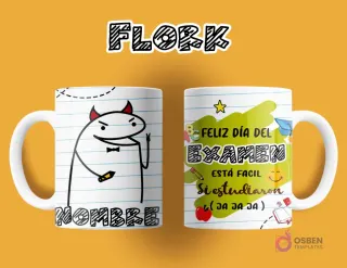 Taza de sublimación Flork para profesor. Anverso: Flork con cuernos de diablo y lápiz, espacio para nombre. Reverso: 'FELIZ DÍA DEL EXAMEN ESTÁ FÁCIL Si estudiaron (JA JA JA)', con motivos escolares.