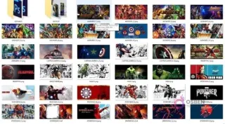 Vista de una carpeta de archivos digitales mostrando una cuadrícula de miniaturas de plantillas para tazas de superhéroes Marvel, incluyendo Iron Man, Capitán América, Hulk, Deadpool, Spider-Man, Punisher y X-Men.