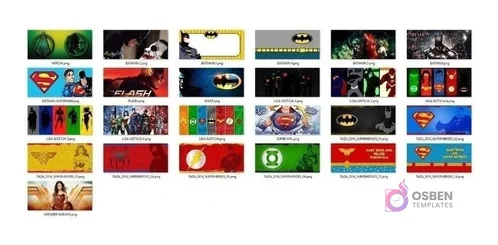 Cuadrícula de miniaturas de plantillas para tazas de superhéroes DC, presentando diseños de Batman, Superman, Liga de la Justicia, Flash y Wonder Woman.