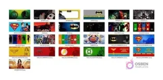 Cuadrícula de miniaturas de plantillas para tazas de superhéroes DC, presentando diseños de Batman, Superman, Liga de la Justicia, Flash y Wonder Woman.