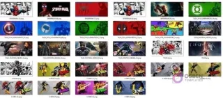 Más miniaturas de plantillas para tazas de superhéroes, incluyendo Spider-Man, Capitán América, Thor, Black Panther, Wolverine y X-Men, mostrando una amplia gama de estilos.