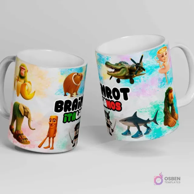 Diseños de tazas Tralalero Brainrot N°2 con personajes absurdos: mono plátano, capibara, elefante cactus, hombre canela, cocodrilo aviador, tiburón con zapatillas, bailarina capuchina, mico narigudo, capuchino ninja.