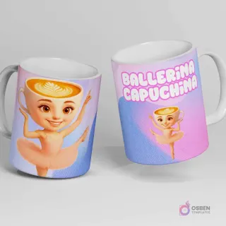 Taza blanca con diseño de una bailarina capuchina sonriente y el texto 'BALLERINA CAPUCHINA' sobre un fondo degradado rosa y azul.