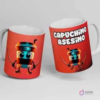 Taza blanca con diseño de una taza de café tipo capuchino con una banda ninja y katanas, junto al texto 'CAPUCHINO ASESINO' sobre un fondo rojo texturizado.