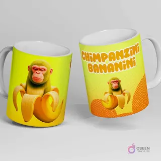 Taza blanca con diseño de un chimpancé con un plátano gigante a medio pelar, junto al texto 'CHIMPANZINI BANANINI' sobre un fondo amarillo con puntos.