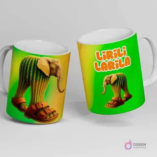 Taza blanca con diseño de un elefante con patas de cactus y sandalias marrones, junto al texto 'LIRILI LARILA' sobre un fondo verde y amarillo.
