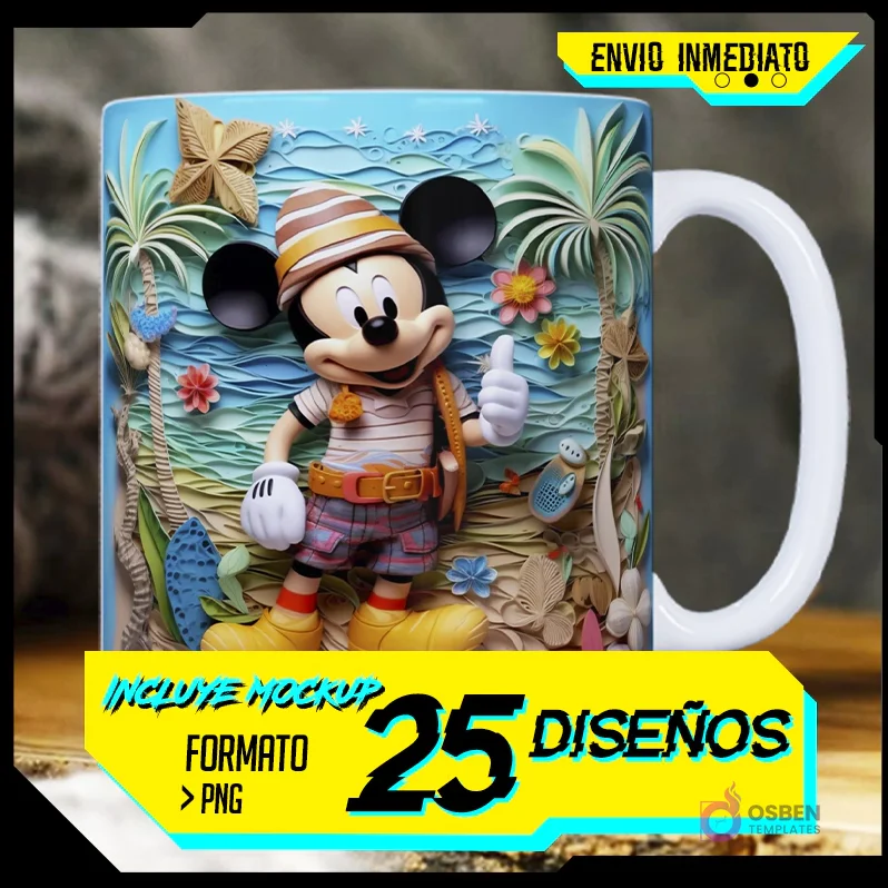 Mickey Mouse en una playa tropical con diseño 3D de papel recortado y palmeras vibrantes.