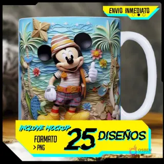 Mickey Mouse en una playa tropical con diseño 3D de papel recortado y palmeras vibrantes.