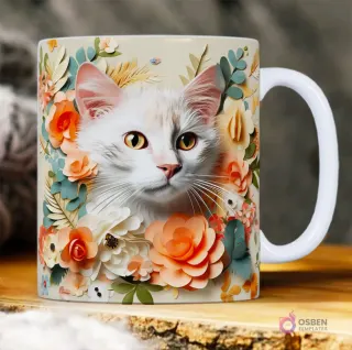 Gato blanco con ojos amarillos rodeado de flores de papel en tonos pastel con efecto 3D.