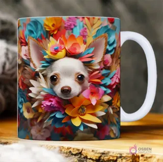 Perro chihuahua con una corona de flores de papel multicolor y efecto 3D.