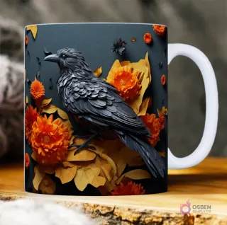 Cuervo negro con textura 3D sobre hojas y flores naranjas intensas en un fondo oscuro.