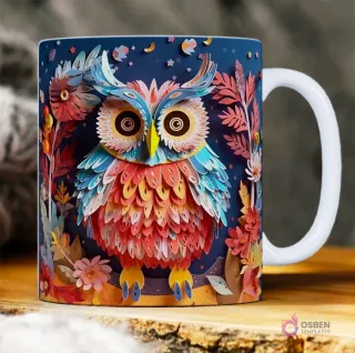 Búho colorido con plumas 3D de papel y ojos grandes, rodeado de follaje en fondo azul.