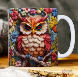 Búho rojo y blanco con ojos azules y plumas texturizadas en un árbol rodeado de flores 3D.