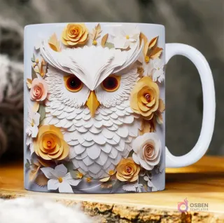 Búho blanco de papel 3D rodeado de rosas y hojas amarillas y blancas, diseño elegante.