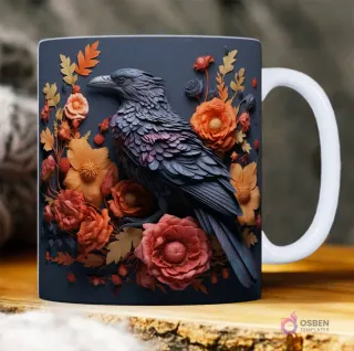 Cuervo con tonos morados y azules sobre un vibrante lecho de hojas y flores 3D en rojo y naranja.