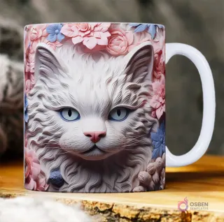 Gato blanco de pelo largo con ojos azules rodeado de flores de papel rosa y azul pastel 3D.