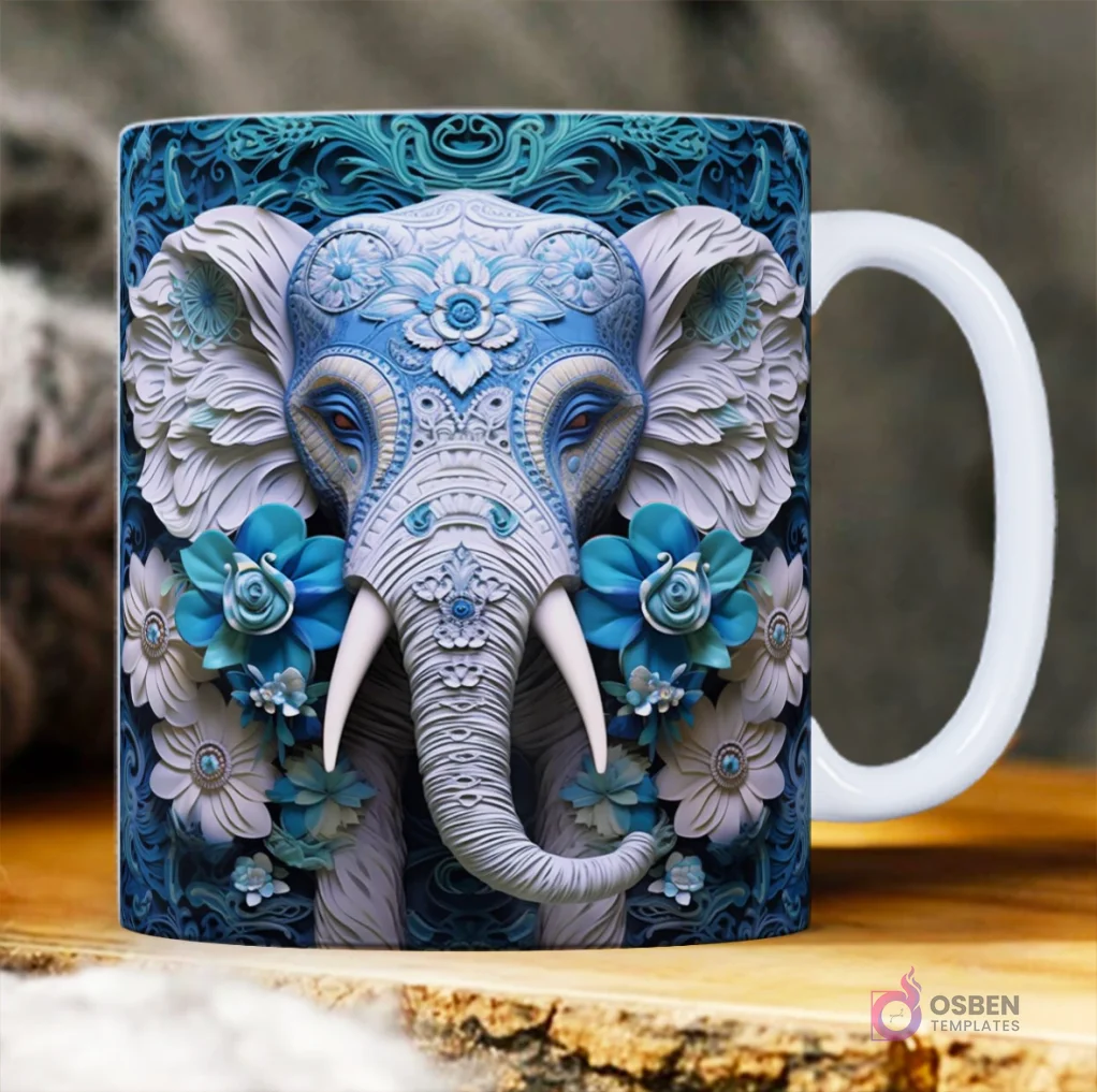 Elefante azul y blanco con ornamentos intrincados y flores 3D a juego.