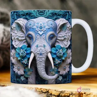 Elefante azul y blanco con ornamentos intrincados y flores 3D a juego.