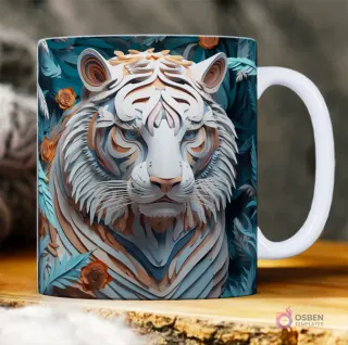Tigre blanco con detalles 3D en tonos azules y naranjas, inmerso en un follaje exuberante.