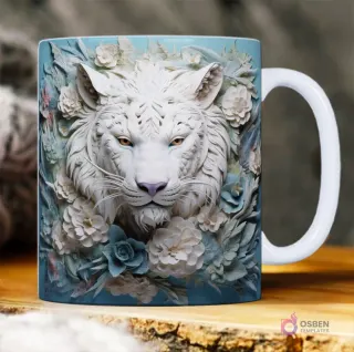 Tigre blanco con ojos amarillos rodeado de delicadas flores 3D blancas y azules claras.