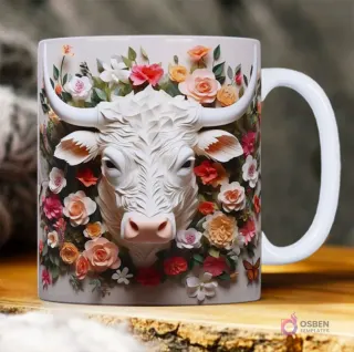 Toro blanco con cuernos imponentes rodeado de un exuberante arreglo de flores multicolor 3D.