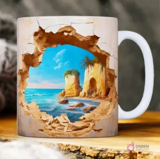Agujero en la pared con efecto de ruptura, mostrando una playa tropical con acantilados de roca 3D.