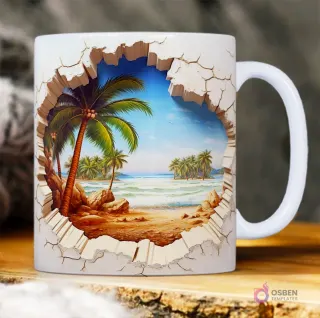 Agujero en la pared con grietas, mostrando una playa tropical con palmeras y olas cristalinas 3D.