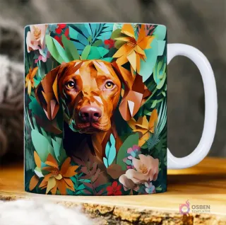 Perro de raza Vizsla con pelaje marrón en un entorno de jungla con hojas y flores 3D exóticas.