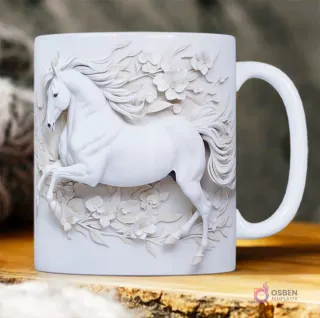 Caballo blanco majestuoso en pleno salto, rodeado de flores blancas 3D con detalles finos.