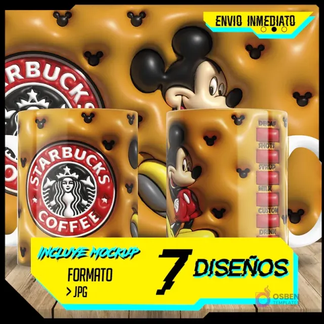 Mickey Mouse estilo 3D inflado con diseño Starbucks en taza de sublimación y fondo amarillo con orejas de Mickey.
