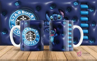 Stitch estilo 3D inflado con diseño Starbucks en taza de sublimación y fondo azul con flores.
