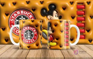 Taza sublimada de Mickey Mouse 3D inflado con diseño Starbucks en amarillo, mostrando el menú de café.