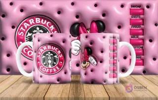 Minnie Mouse estilo 3D inflado con diseño Starbucks en taza de sublimación y fondo rosa con lunares negros.