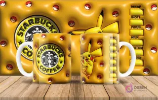 Pikachu estilo 3D inflado con diseño Starbucks en taza de sublimación y fondo amarillo con pokebolas.