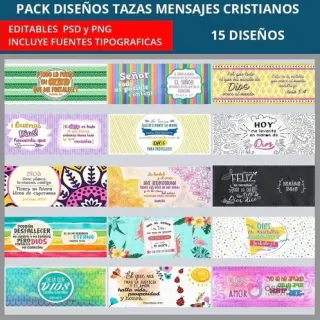 Panel visual con los 15 diseños de plantillas para tazas cristianas editables en formato PNG y PSD, mostrando variedad de estilos y mensajes de fe
