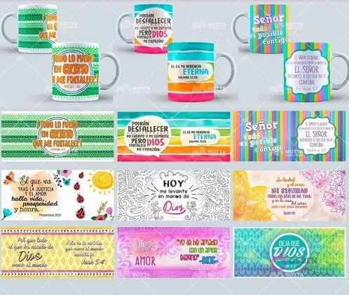 Cuadrícula de mockups de tazas sublimadas con diferentes mensajes cristianos y sus diseños planos correspondientes, destacando la versatilidad de las plantillas