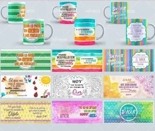 Cuadrícula de mockups de tazas sublimadas con diferentes mensajes cristianos y sus diseños planos correspondientes, destacando la versatilidad de las plantillas