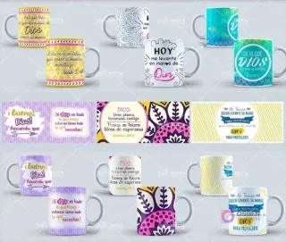 Composición de varias tazas con mensajes de fe y sus respectivas plantillas en vista plana, presentando más opciones de la colección de plantillas cristianas