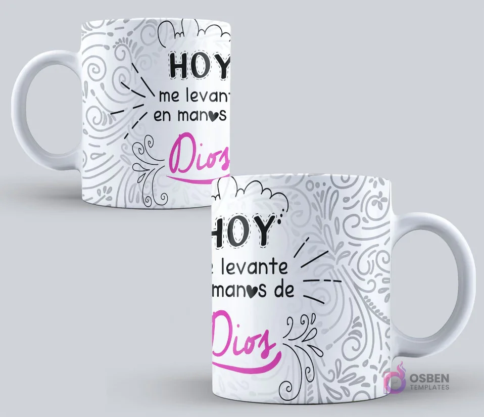 Taza sublimada con el mensaje "HOY me levanto en manos de Dios" con tipografía artística sobre un fondo blanco con patrones abstractos en gris
