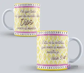 Taza sublimada con el mensaje "Porque todo el que ha nacido de Dios vence al mundo. Ésta es la victoria que vence al mundo: nuestra fe. Juan 5:4" con un patrón geométrico amarillo y morado