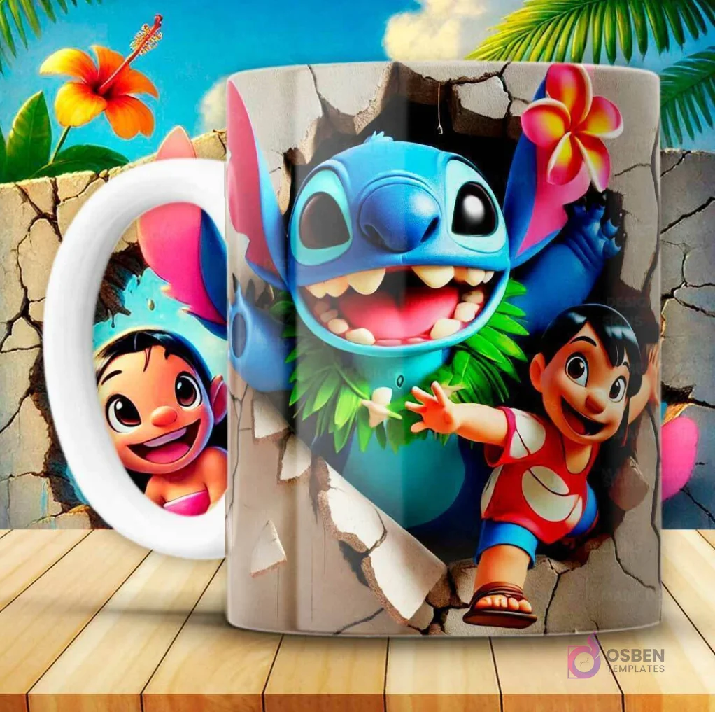 Taza sublimada con diseño 3D de Stitch azul saliendo de una pared rota y Lilo asomándose por el asa, fondo tropical.