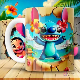 Taza sublimada con diseño 3D de Stitch azul con collar de flores, saliendo de una pared rota que revela una playa paradisíaca.