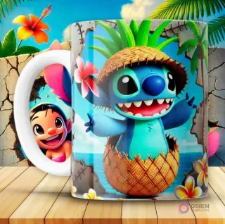 Taza con diseño 3D de Stitch azul con un sombrero de paja y dentro de una piña, saliendo de una pared rota con fondo de playa.