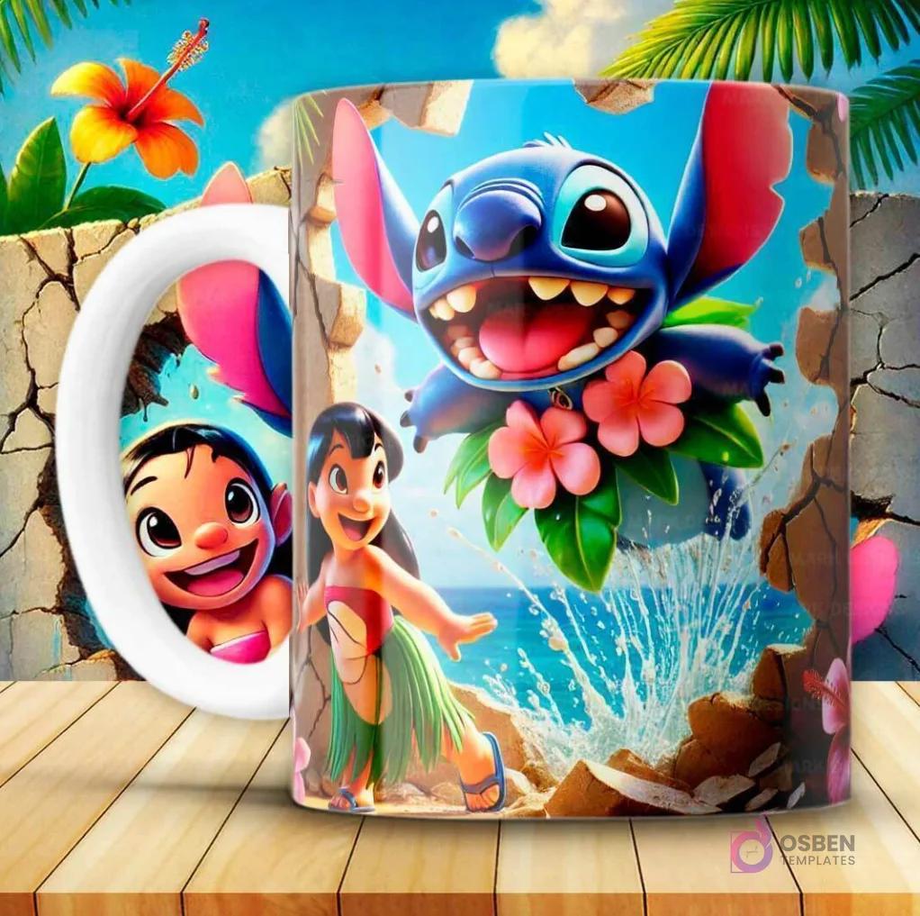 Taza con diseño 3D de Stitch azul flotando con un collar de flores y Lilo con falda de hojas, saliendo de una pared rota con salpicaduras de agua.