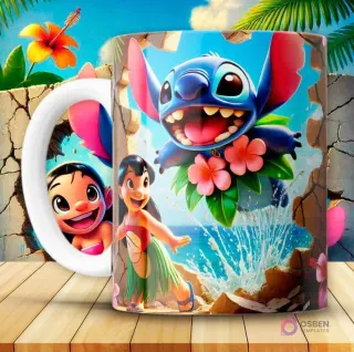 Taza con diseño 3D de Stitch azul flotando con un collar de flores y Lilo con falda de hojas, saliendo de una pared rota con salpicaduras de agua.