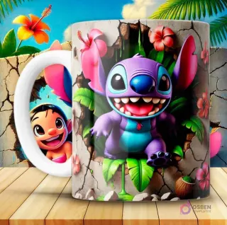 Taza con diseño 3D de Stitch morado sonriendo con hojas y cocos tropicales, saliendo de una pared rota en un entorno selvático.