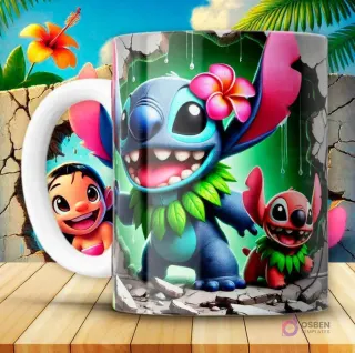Taza con diseño 3D de Stitch azul con collar de hojas y flor, junto a un pequeño Stitch rojo, ambos saliendo de una pared rota.